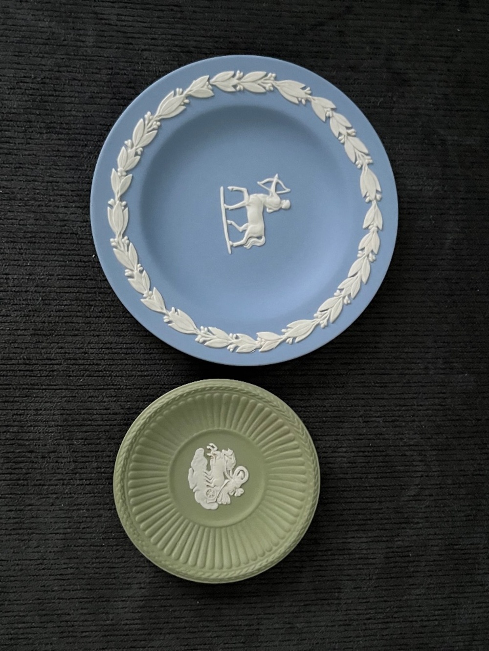Vintage Wedgwood Jasperware trinket plates, one blue, one green